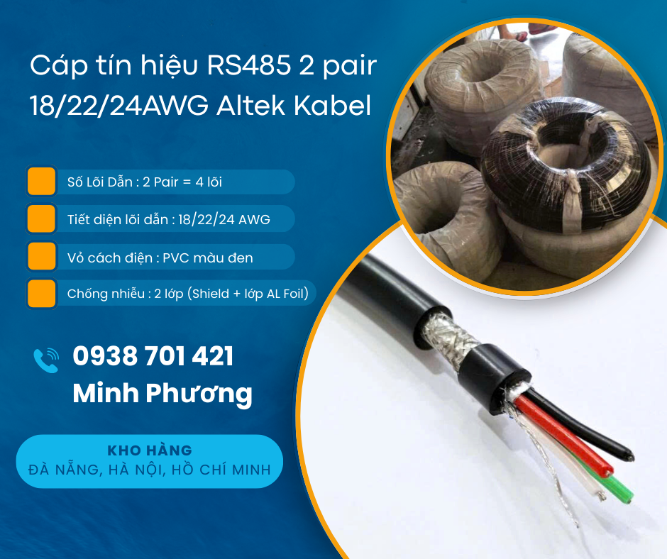 Cáp tín hiệu chống nhiễu RS485 2 pair 18/22/24AWG hàng sẵn, giá tốt